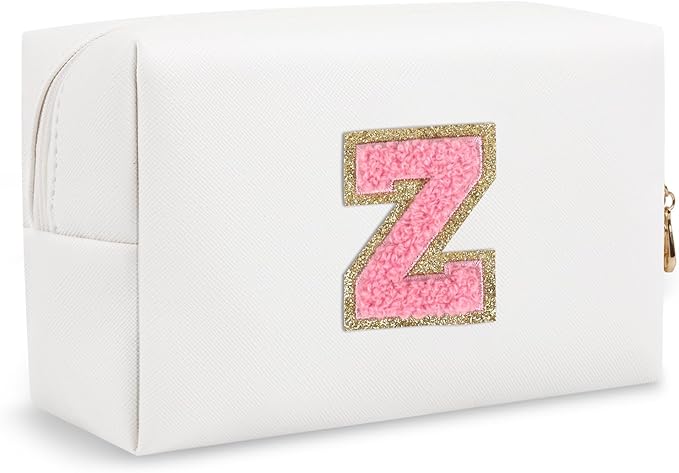 Small Initial Preppy Makeup Bag, Personalized Cute White Cosmetic Organizer Chenille Letter Travel Toiletry Zipper Pouch, Waterproof PU Leather Make Up Case Gifts for Women Girl Female Mom(Letter Z)