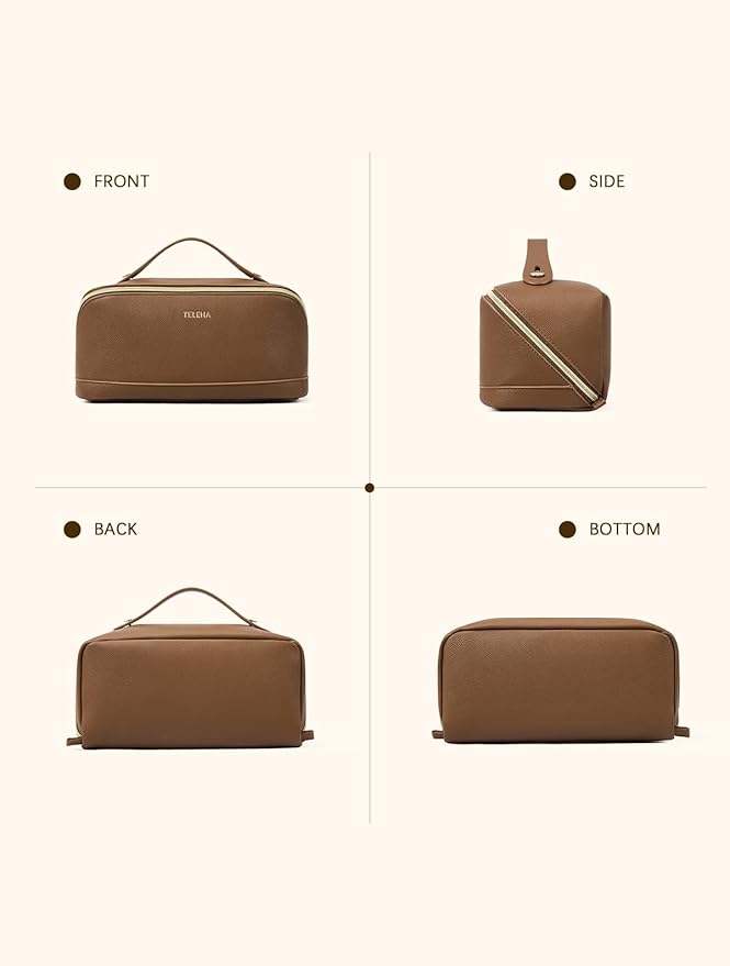 Telena Leather Make Up Bag Portable Travel Makeup Bag Waterproof Cosmetic Bags for Women Large Capacity With Handle and Divider Open Flat