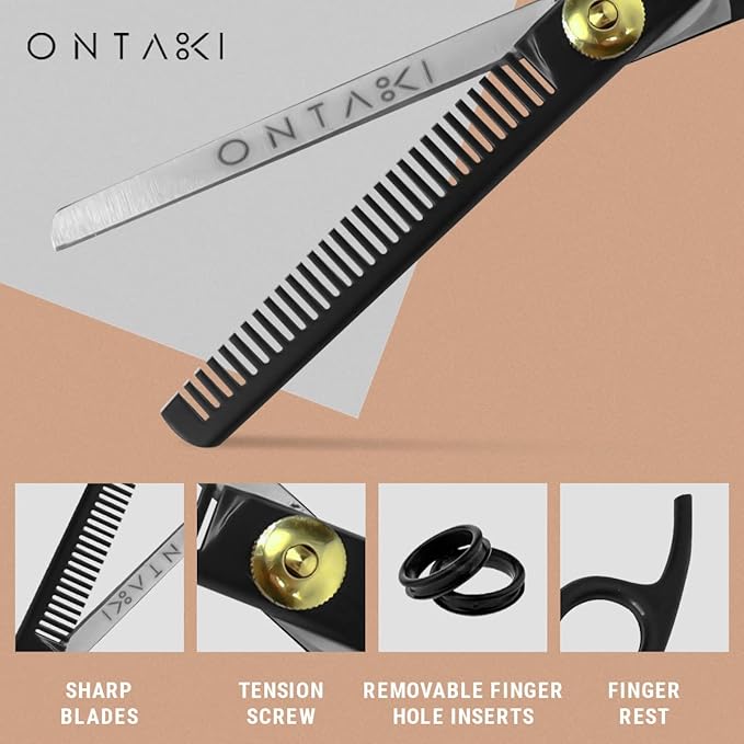 Ontaki Hair Cutting & Thinning Japanese Steel Shears Kit - 7-Inch, Black - Professional Hair Shears - Stainless Steel Thinning Scissors - Barber Scissors Kit with Comb & Pouch