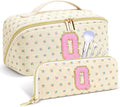 Personalized Travel Makeup Bag Set,Initial Travel Cute Floral Makeup Organizer Bag,Toiletry Skincare Cosmetic Bag,Christmas Gifts for Women/Girls,Open Flat Toiletry Pouch with Brush Pocket-Q