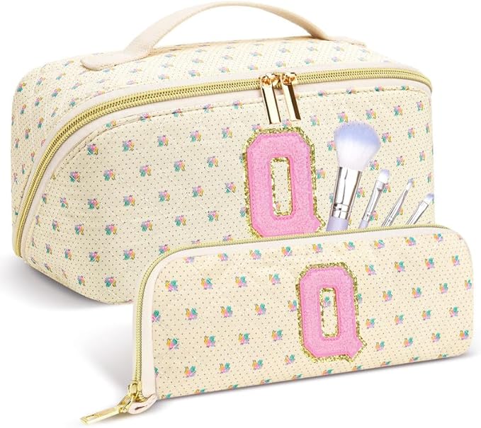 Personalized Travel Makeup Bag Set,Initial Travel Cute Floral Makeup Organizer Bag,Toiletry Skincare Cosmetic Bag,Christmas Gifts for Women/Girls,Open Flat Toiletry Pouch with Brush Pocket-Q