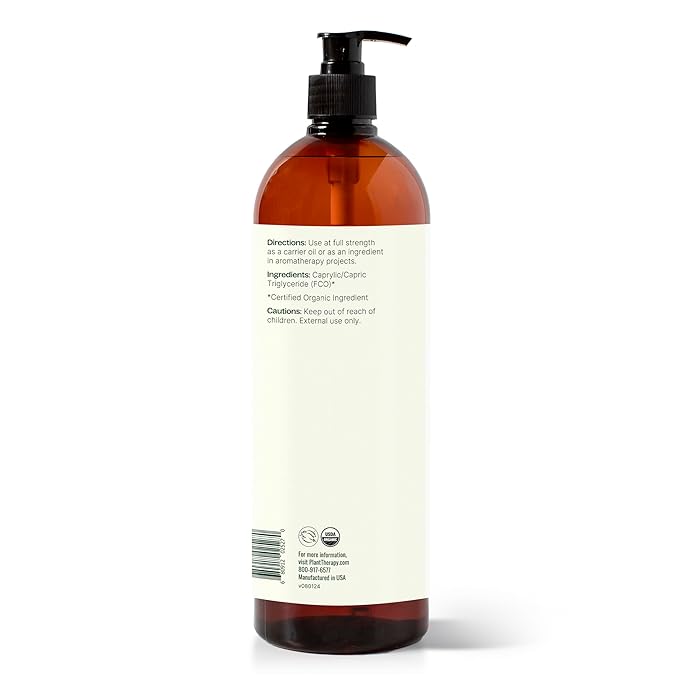Plant Therapy Essential Oils Organic Fractionated Coconut Oil for Skin, Hair, Body 100% Pure, USDA Certified, Natural Moisturizer, Massage & Aromatherapy Liquid Carrier Oil 32 oz, Pump