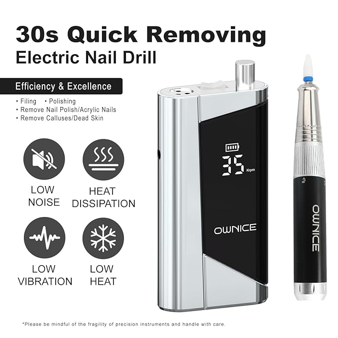 Electric Professional Nail Drill 35000RPM Cordless Portable Nail E-File Buffer Tools with Bits Perfect for Salon Manicure Pedicure Acrylic, Gel, Natural Nails(Sky Silver)