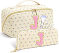 Personalized Travel Makeup Bag Set,Initial Travel Cute Floral Makeup Organizer Bag,Toiletry Skincare Cosmetic Bag,Christmas Gifts for Women/Girls,Open Flat Toiletry Pouch with Brush Pocket-J