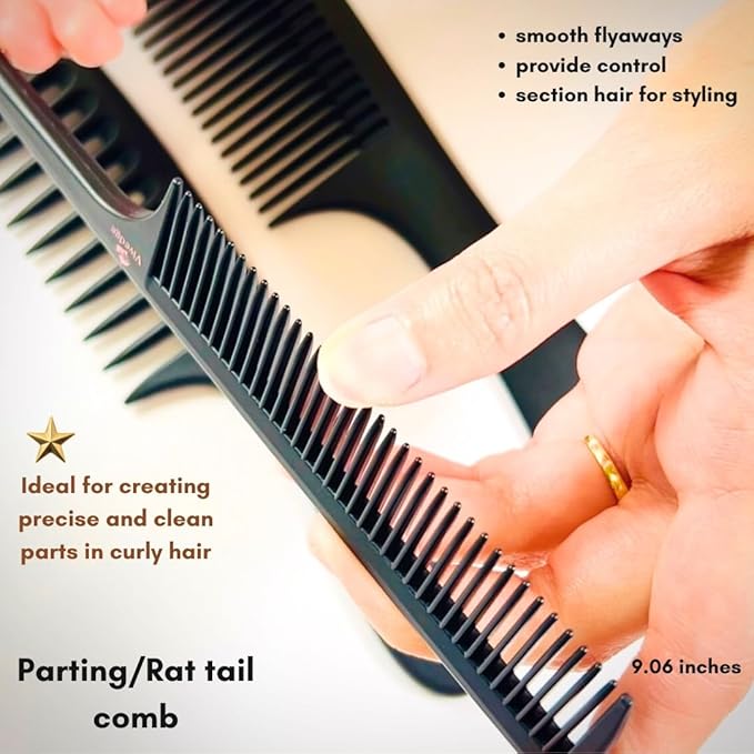 VIVEDGE| Curly Hair Comb Set | Carbon Fiber Detangler Wide Tooth Parting Combs anti static frizz-free with Premium Acccessories for Styling | Gift set for loved ones (Black-Pink)