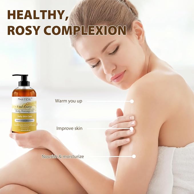 PHATOIL Ginger Oil Ginger Body Massage Oil for Gua Sha, with Lemon,Juniper Berry, 260ML Large Bottle Warming Body Oil for Spa, Lymphatic Drainage, Muscle(8.8oz)