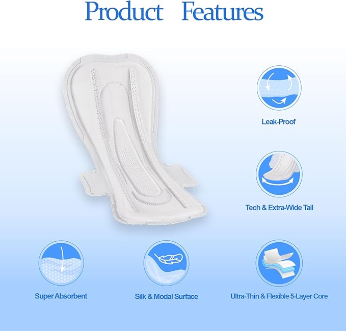 MODAL Heavy Flow Pads for Women Overnight, Unscented Sanitary Pads for Period with Wings, 14.1 Inch(360 mm), Overnight, 10 Count