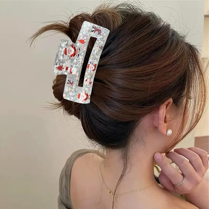 Christmas Hair Clips - Acrylic Square Transparent Large Claw Clip for Medium Thick Hair Styling - Santa Claus Elk Snowman Glitter Design Nonslip Clamp Accessories - 1Pcs Christmas Hair Decorations
