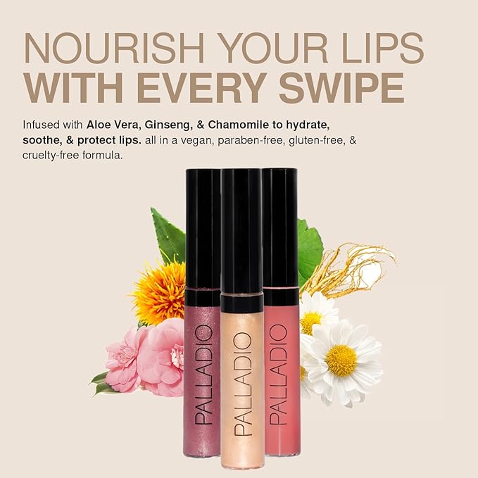 Palladio Lip Gloss, Non-Sticky Lip Gloss, Contains Vitamin E and Aloe, Offers Intense Color and Moisturization, Minimizes Lip Wrinkles, Softens Lips with Beautiful Shiny Finish, Passion Pink