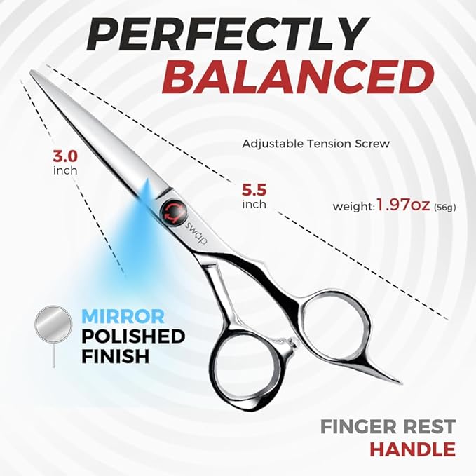 SWAP 5.5'' Professional Hair Cutting Scissors - Japanese SUS440C Steel (60-62HRC), Hand-Sharpened Blades, Adjustable Tension, Ergonomic Design for Salon/Home Use (S2)
