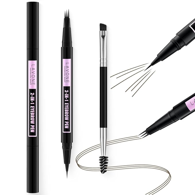 LAVONE Eyebrow Pencil, 2-In-1 Waterproof Eyebrow Pen, with 3 Tip Microblading Eyebrow Pen and Ultra-Precise Brow Pencil, Dual-ended Eyebrow Brush, for Eyebrow Makeup - Ash Brown