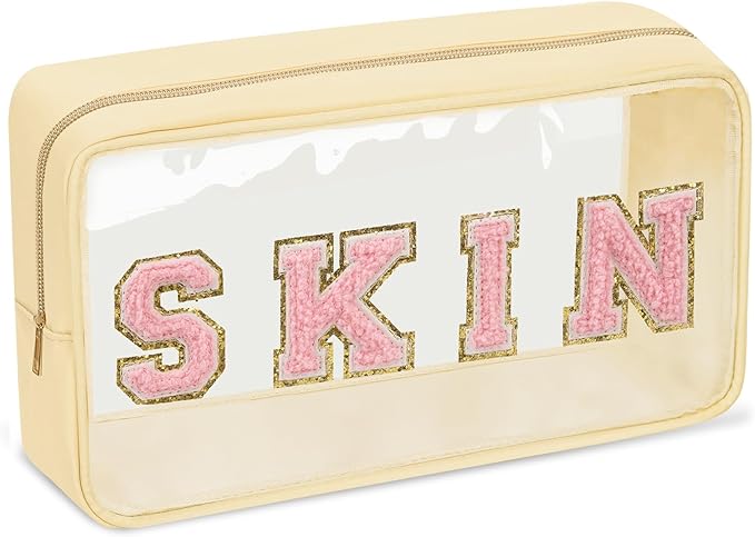 Iqimott Clear Patch Makeup Bag Skin Pouch, Preppy Personalized Chenille Letter Cosmetic Pouch for Travel, Nylon Waterproof Organizer Skin Care Zipper Toiletry Bags for Women Girls(Beige)
