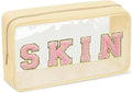 Iqimott Clear Patch Makeup Bag Skin Pouch, Preppy Personalized Chenille Letter Cosmetic Pouch for Travel, Nylon Waterproof Organizer Skin Care Zipper Toiletry Bags for Women Girls(Beige)
