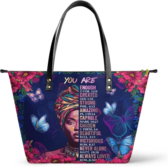 African Black Women's Leather Tote Bag, Large, Premium Vegan Leather, Full Zip, Perfect Christmas Gifts For Women