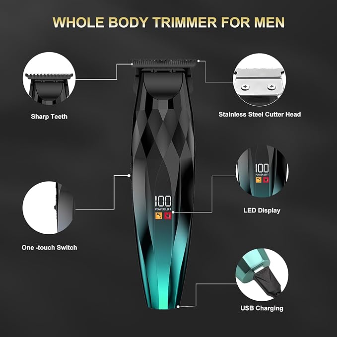 2-in-1 Professional Hair Clippers Set,Cordless Hair Clippers and T-Blade Trimmer Kit for Men,LCD Display,USB Rechargeable,Adjustable Guards,Waterproof,Beard & Body Grooming Kit (Green)