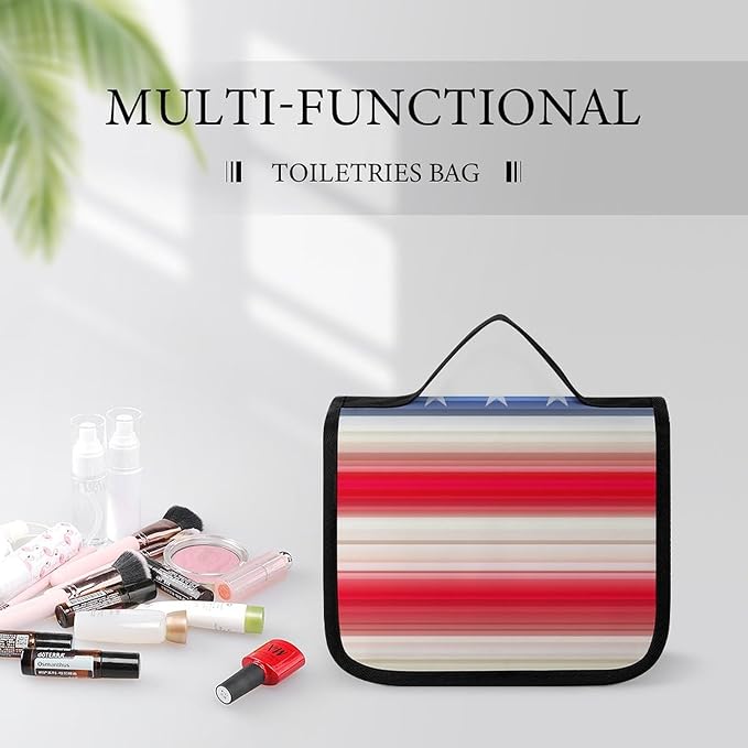 Travel Toiletry Bag Red Blue White American Flag, Portable Makeup Bag with Hanging Hook, Large Capacity Door Room Essentials Travel Organizer for Women Men