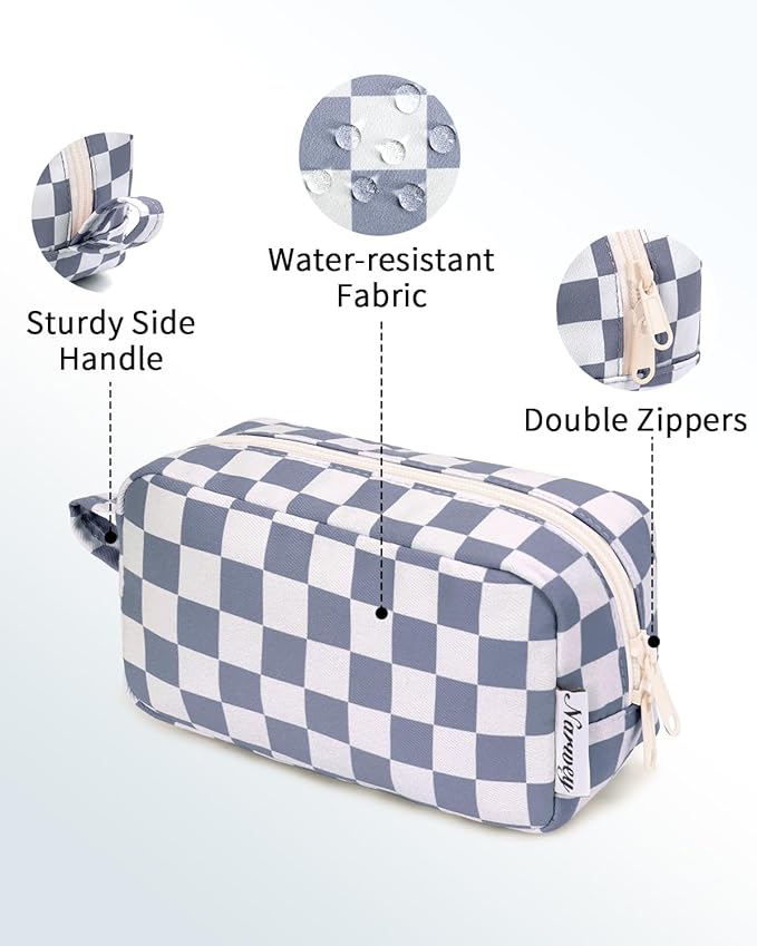 Narwey Small Checkered Makeup Bag for Purse Travel Makeup Pouch Mini Cosmetic Bag Zipper Pouch for Women (Grayish Blue Checkerboard, Small)