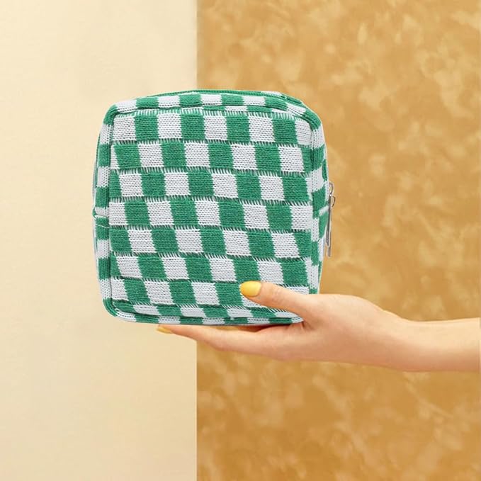 Small Green Makeup Bag for Purse, Mini Checkered Cosmetic Bag Zipper Cute Make Up Pouch Travel Toiletry Bag Quilted Aesthetic Accessories Makeup Storage Bag Organizer for Women Girls