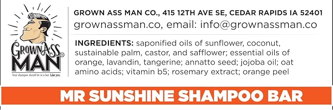 Grown Ass Man Co. - Solid Shampoo Bar Rich Lather 3 in 1: Hair, Beard & Body Wash - Plastic Free & Eco-Friendly, Natural & Organic Clean for All Hair Types, 4oz Bar (Mister Sunshine, 6-Pack)
