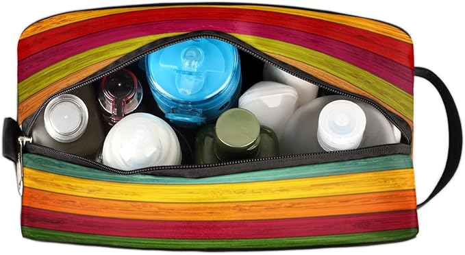 Rainbow Wood Texture Travel Toiletry Bag for Women Men Lightweight Cosmetic Makeup Bag Organizer Waterproof Shaving Bag Dopp Kit with Large Capacity for Toiletries and Shaving Accessories