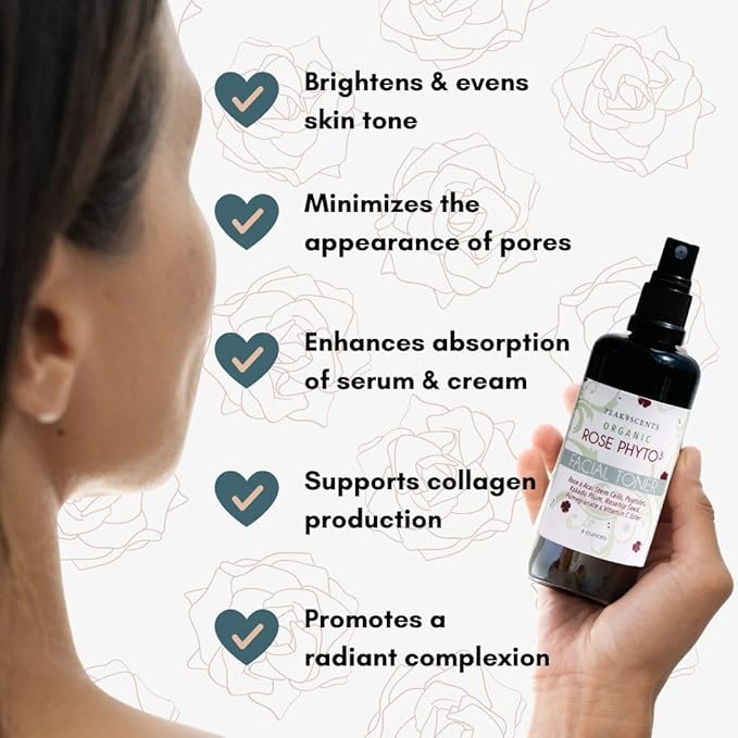 Peak Scents Organic Phyto³ Rose Water Facial Toner Spray - Pure Rosewater for Face, with Acaí and Herbal Extracts - Eco-Friendly and Vegan - Hydrating Rose Water Organic Face Spray (4 oz)