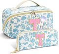 Personalized Travel Makeup Bag Set,Initial Travel Cute Floral Makeup Organizer Bag,Toiletry Skincare Cosmetic Bag,Christmas Gifts for Women/Girls,Open Flat Toiletry Pouch with Brush Pocket-T