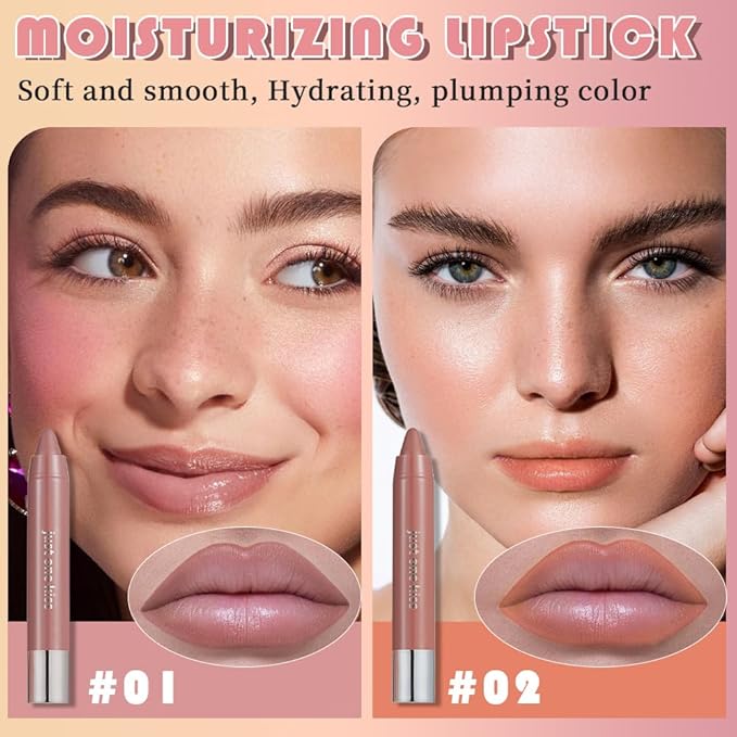 2Pcs Pinky Nude & Coral Hydrating Cream Lipsticks Lip Crayon for Women, Moisturing Lipstick Longwear Lip Liner Crayon Set for Ombre Shades, Matte Creamy Natural Nourishing Tinted Lips Balm Set