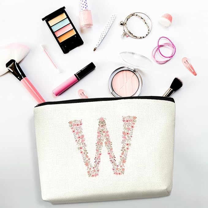 Initial Makeup Bag Floral W Personalized Cosmetic Bag Monogrammed Gifts for Women Girls Mama Bridesmaid Monogram Zipper Pouch for Teacher Appreciation Mothers Day Birthday Wedding Bridal Shower Gifts