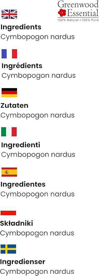 Greenwood Essential Citronella Essential Oil (Cymbopogon nardus) Pure | Non-Sticky | Non-Greasy | Lightweight | Men & Women | All Skin Types | Steam Distilled 30ml (1 oz)