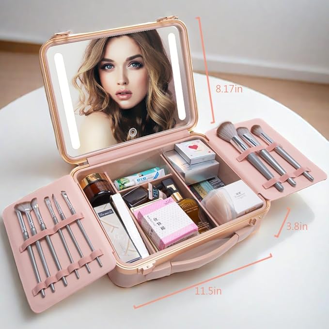 Makeup Case with LED Lighted Mirror, 11.5''x 8.7'' Portable Travel Makeup Organizer, Toiletry Storage Makeup Bag Gift for Lady, DIY Dividers Makeup Box with 5X Magnifying Mirror (Pink)