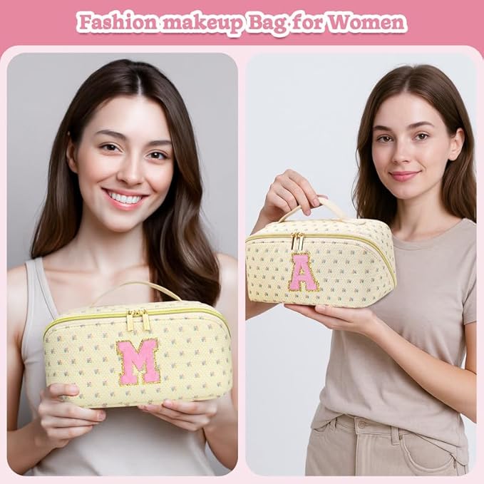 Personalized Travel Makeup Bag Set,Initial Travel Cute Floral Makeup Organizer Bag,Toiletry Skincare Cosmetic Bag,Christmas Gifts for Women/Girls,Open Flat Toiletry Pouch with Brush Pocket-F