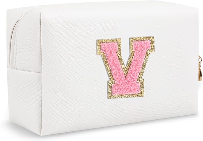Personalized Initial Preppy Patch Makeup Bag, Travel Toiletry Zipper Pouch Cute White Cosmetic Organizer Small Makeup Bag for Purse, PU Chenille Letter Make Up Bags Gift for Women Girl Mom(Letter V)