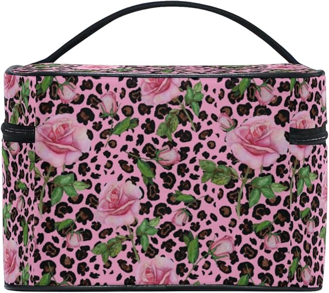 Makeup Bag, Roses On Pink Leopard Travel Makeup Organizer Bag Cosmetic Cases Toiletry Bags for Girl Women Ladies