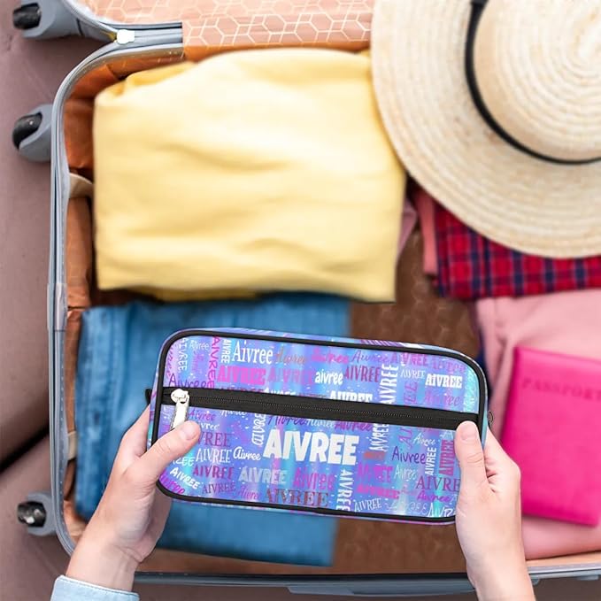 Custom Makeup Toiletry Bag, Personalized Travel Cosmetic Organizer Case Portable Bag with Zipper, Gradient Blue Color Striped Background