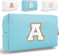 Small Personalized Letter Makeup Bag, Cute PU Leather Chenille Letters Cosmetic Bag Travel Makeup Pouch, Preppy Travel Organizer Zipper Pouch for Women&Girls（Blue-A）