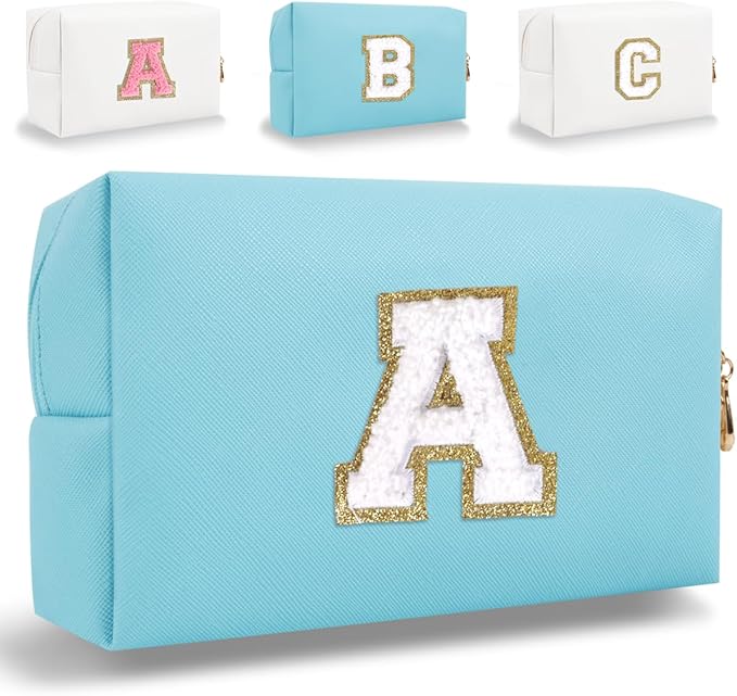 Small Personalized Letter Makeup Bag, Cute PU Leather Chenille Letters Cosmetic Bag Travel Makeup Pouch, Preppy Travel Organizer Zipper Pouch for Women&Girls（Blue-A）