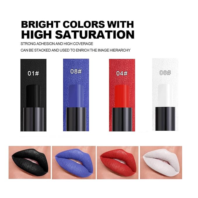 4PCS Blue Red White and Black Lipstick,Face Body Paint Stick Kit, Eye Stick for Halloween,Safe Facepaint Lip Smacking White Foundation Black Lipstick Makeup