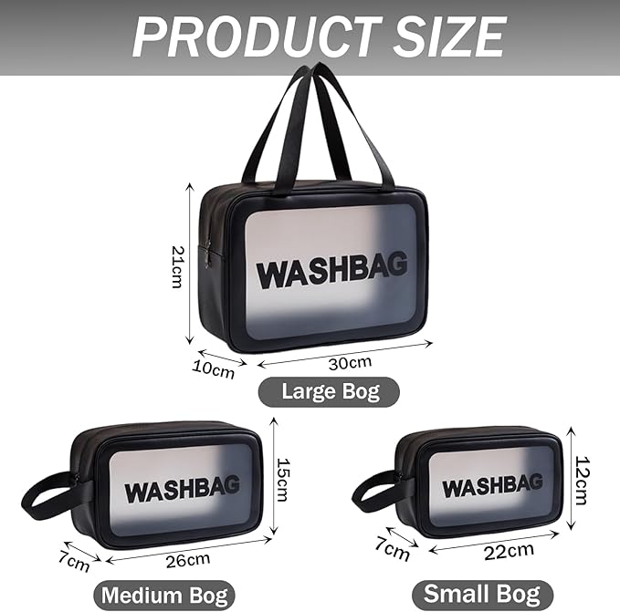 Clear Travel Bags for Toiletries,3 Pack Toiletry Bag,Matte Translucent Toiletry Bag,Makeup Bag With Handy Handle,Travel Pouch,Makeup Cosmetic Organizer for Travel Essentials(Black)