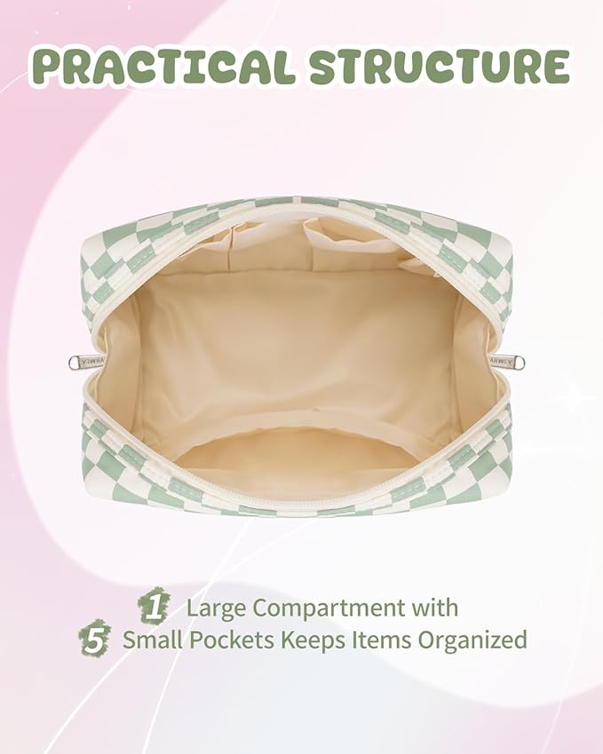 Narwey Birthday Gifts for Teen Girls Kids Women Personalized Initial Checkered Makeup Bag Preppy Cosmetic Bag Trendy Stuff 6 8 10 11 12 13 14 16 18 Years Old Travel Toiletry Bag (Green Letter G)