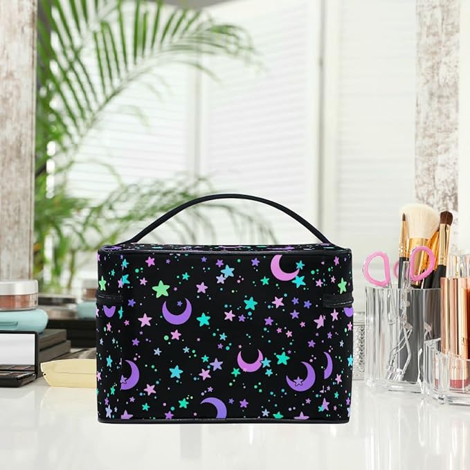 Makeup Bag, Crescents and Stars Makeup Organizer Bags Toiletry Bag Box Travel Cosmetic Bag Make Up Train Case for Women Teen Girl Ladies