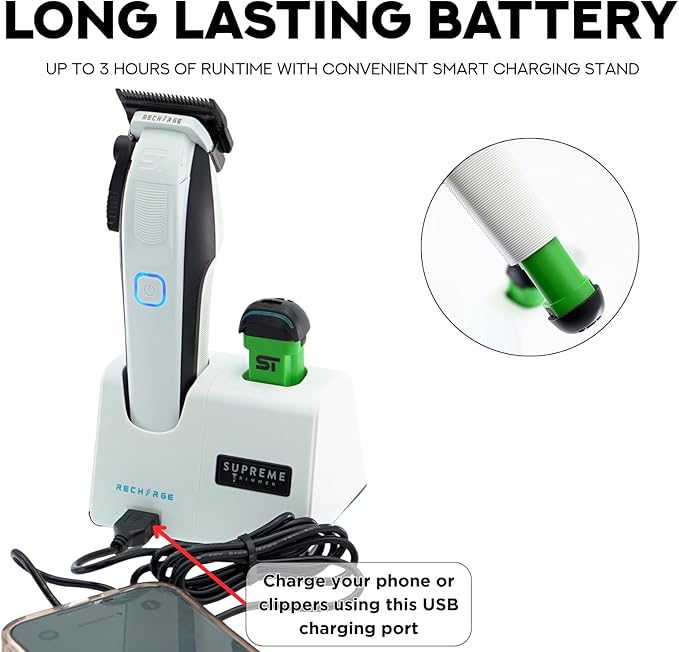 Supreme Trimmer Recharge Clipper - Professional Hair Clipper with 2 Removable Batteries, Brushless Motor, Smart Charge Stand, USB-C Charge & DLC Blades Barbers | STC779