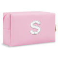 ChaoGreat Bride Gifts – Personalized Initial Makeup Bag with Pearl Rhinestone Patch, Preppy Pink Monogram Cosmetic/Toiletry Pouch, bridesmaid Gifts, Bridal Shower Gifts, Wedding Gifts, Bridal Gifts,S