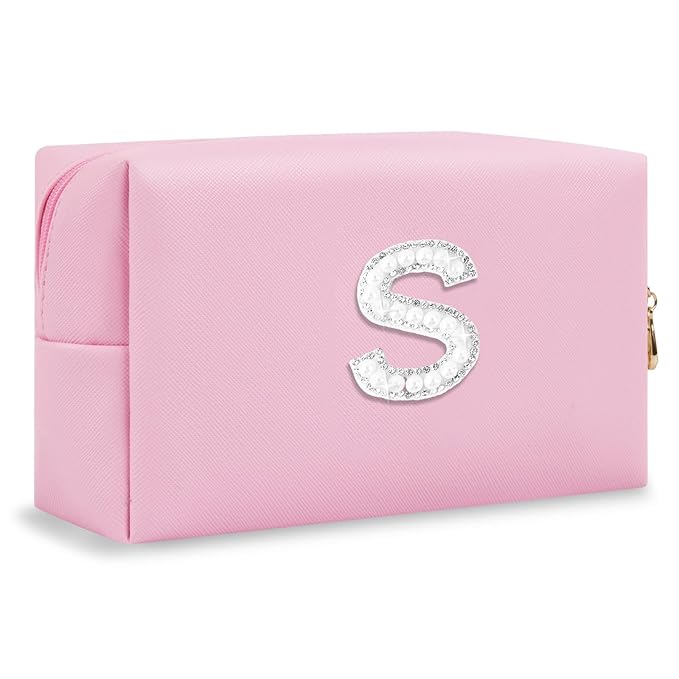 ChaoGreat Bride Gifts – Personalized Initial Makeup Bag with Pearl Rhinestone Patch, Preppy Pink Monogram Cosmetic/Toiletry Pouch, bridesmaid Gifts, Bridal Shower Gifts, Wedding Gifts, Bridal Gifts,S