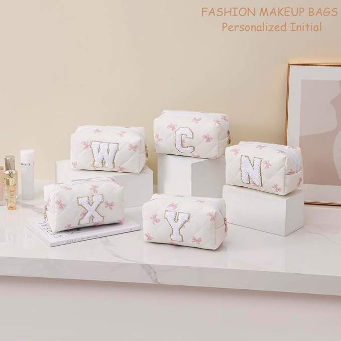 Gleyemor Personalized Initial Makeup Bag for Women, Cute Quilted Pink Floral Cotton Cosmetic Bag, Christmas Gifts for Her Mom Friend Sister Bridesmaid Teacher Women G