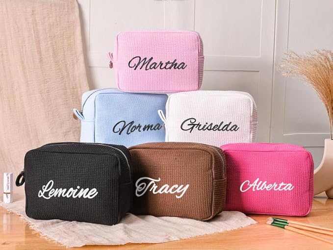 Personalized Embroidered Waffle Cosmetic Bags, Custom Thicken Beauty Makeup Packet Bag for Women Girls, Travel Makeup Pouch, Aesthetic Toiletry Case, Bridal Bridesmaid Party, Birthday, Wedding Gifts