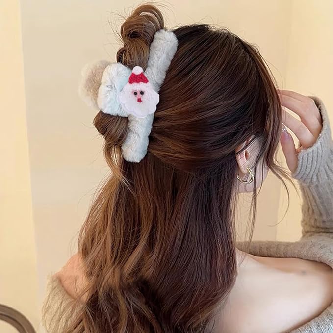 Christmas Hair Clips White Plush Acrylic Hair Claw Clips Cute Santa Claus Design Hairpins Xmas Hair Accessories Nonslip Large Clamp Clips for Medium Thin Hair Decoration 1Pcs