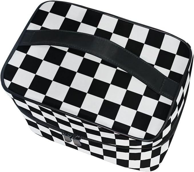 Makeup Train Case White Black Checkered Plaid Carrying Portable Zip Travel Cosmetic Brush Bag Organizer Large for Women