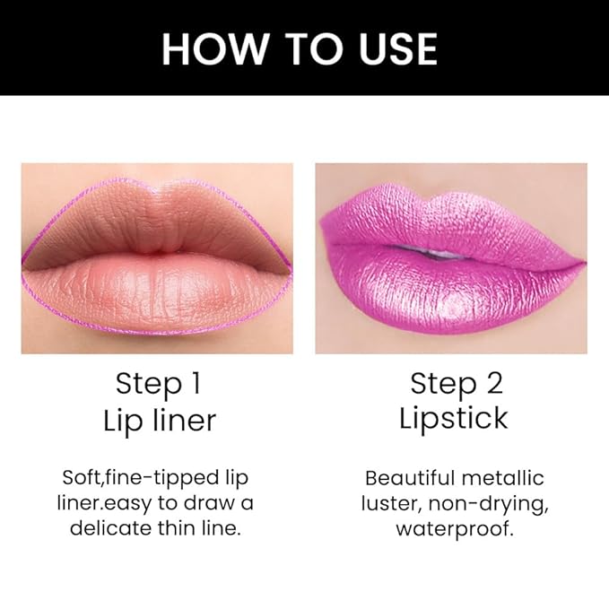 evpct 1Pcs Pink Metallic Shine Shimmer Lip Liner and Lipstick Combo Set Kit for Women, Lightweight Hydrating Formula High Impact Full Coverage Lipstick and Lip Liner Makeup Stains Gloss, 19#