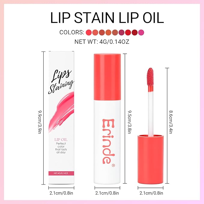 Erinde Lips Staining Lip Oil, Glossy Lip Stain, Long-Lasting Lightweight Lip Staining Oil, Moisturizing Plumping Hydrating Glossy Lip Tint, Vegan & Cruelty-Free, 04