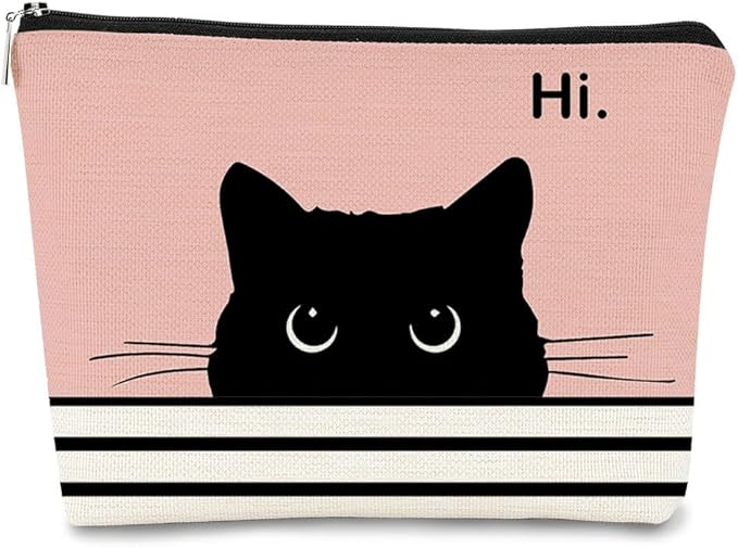 Cute Cat Makeup Bag - Black & Pink, Small Cosmetic Bag for Women & Girls, Birthday Gift for Cat Lovers & Owners